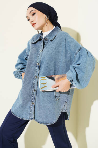 Balon Kol Yandan Cepli Kot Ceket Mavi - Ceket