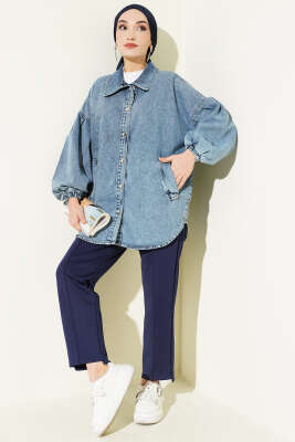 Balon Kol Yandan Cepli Kot Ceket Mavi - Ceket