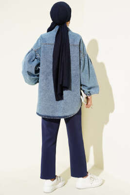 Balon Kol Yandan Cepli Kot Ceket Mavi - Ceket