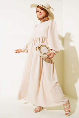 Balon Kol Yanları Büzgülü Elbise Bej 