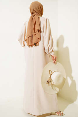 Balon Kol Yanları Büzgülü Elbise Bej - Tesettür Elbise