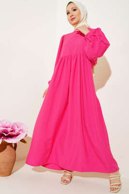 Balon Kol Yanları Büzgülü Elbise Fusya 