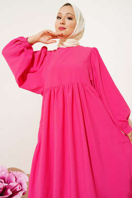 Balon Kol Yanları Büzgülü Elbise Fusya - Tesettür Elbise