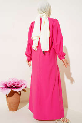 Balon Kol Yanları Büzgülü Elbise Fusya - Tesettür Elbise