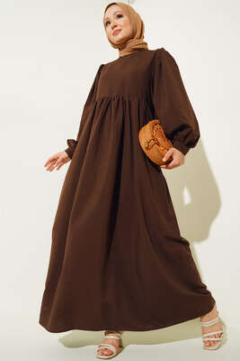 Balon Kol Yanları Büzgülü Elbise Kahve - Tesettür Elbise