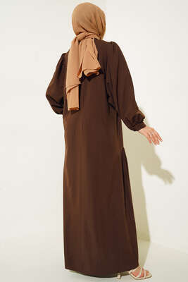 Balon Kol Yanları Büzgülü Elbise Kahve - Tesettür Elbise