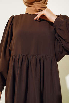 Balon Kol Yanları Büzgülü Elbise Kahve - Tesettür Elbise