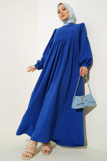 Balon Kol Yanları Büzgülü Elbise Saks - Tesettür Elbise