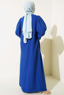 Balon Kol Yanları Büzgülü Elbise Saks - Tesettür Elbise