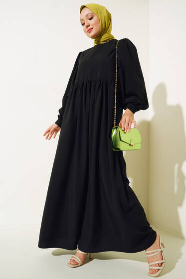 Balon Kol Yanları Büzgülü Elbise Siyah - Tesettür Elbise