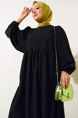 Balon Kol Yanları Büzgülü Elbise Siyah - Tesettür Elbise