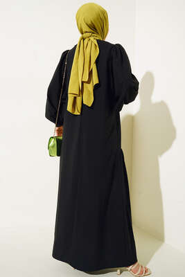 Balon Kol Yanları Büzgülü Elbise Siyah - Tesettür Elbise