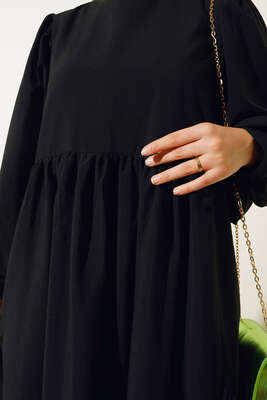 Balon Kol Yanları Büzgülü Elbise Siyah - Tesettür Elbise