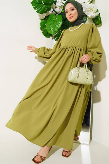 Balon Kol Yanları Büzgülü Elbise Yeşil - Tesettür Elbise