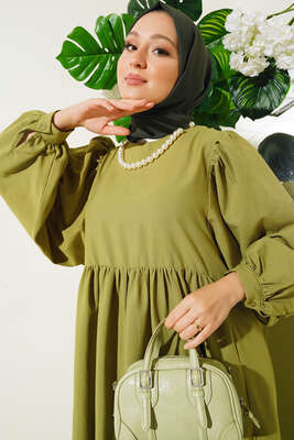 Balon Kol Yanları Büzgülü Elbise Yeşil - Tesettür Elbise