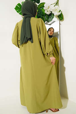 Balon Kol Yanları Büzgülü Elbise Yeşil - Tesettür Elbise