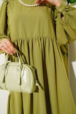 Balon Kol Yanları Büzgülü Elbise Yeşil - Tesettür Elbise