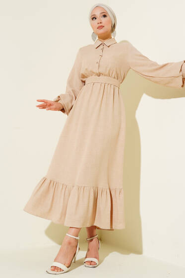 Balon Kol Yarım Düğmeli Elbise Camel - Elbise