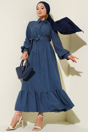 Balon Kol Yarım Düğmeli Elbise İndigo - Elbise