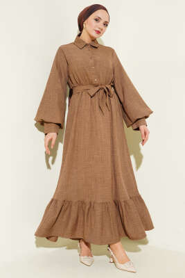 Balon Kol Yarım Düğmeli Elbise Kahve - AGAS TEKSTİL