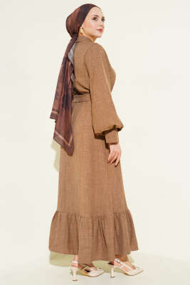 Balon Kol Yarım Düğmeli Elbise Kahve - Elbise