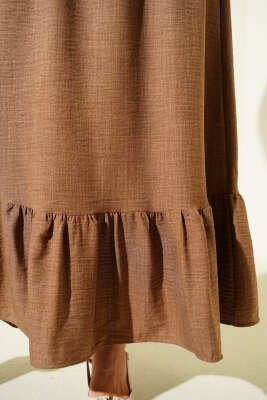 Balon Kol Yarım Düğmeli Elbise Kahve - Elbise