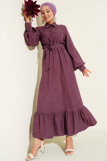 Balon Kol Yarım Düğmeli Elbise Mürdüm - Elbise