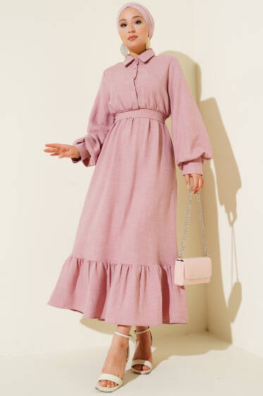 Balon Kol Yarım Düğmeli Elbise Pudra - Elbise