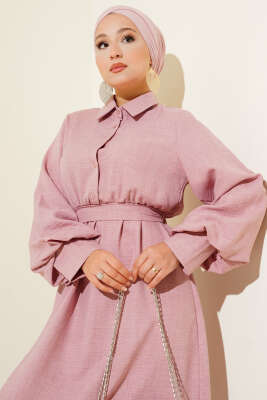 Balon Kol Yarım Düğmeli Elbise Pudra - Yılın Fırsatı
