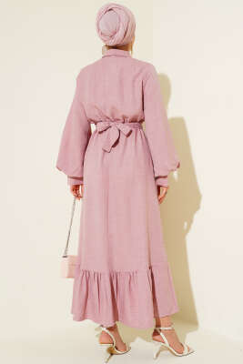 Balon Kol Yarım Düğmeli Elbise Pudra - Yılın Fırsatı