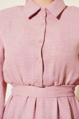 Balon Kol Yarım Düğmeli Elbise Pudra - Yılın Fırsatı