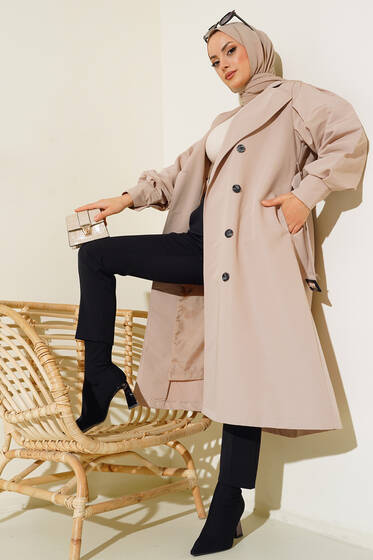 Balon Kollu Astarlı Trençkot Bej - Bej Trençkot