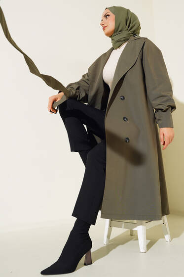 Balon Kollu Astarlı Trençkot Haki - Trençkot Kadın