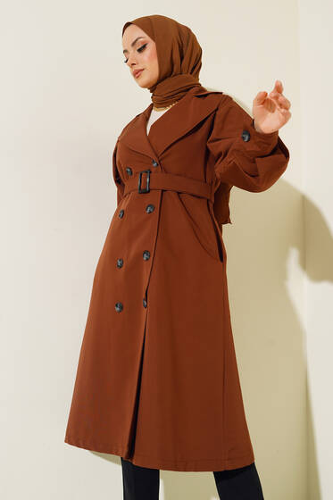Balon Kollu Astarlı Trençkot Kahve - Trençkot Kadın
