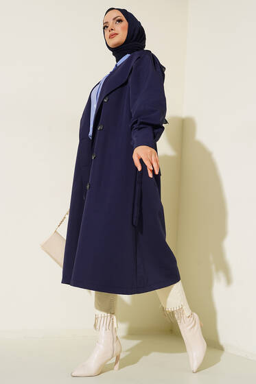 Balon Kollu Astarlı Trençkot Lacivert - Trençkot Kadın