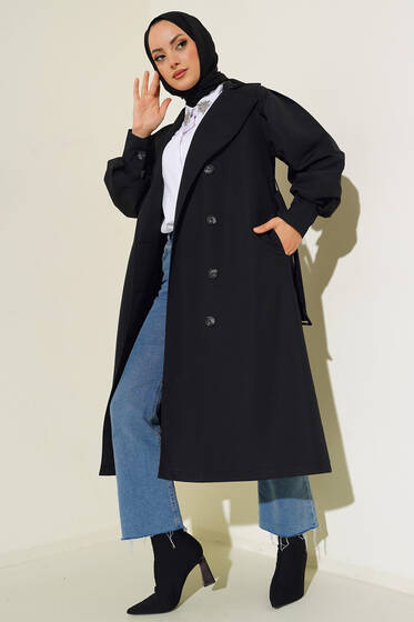 Balon Kollu Astarlı Trençkot Siyah - Trençkot Kadın