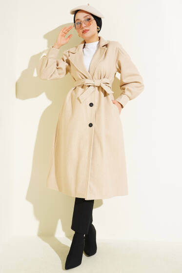 Balon Kollu Uzun Model Bej Kaşe Kaban - Kaban