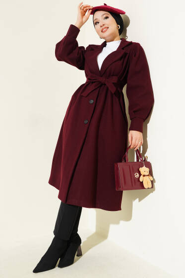 Balon Kollu Uzun Model Bordo Kaşe Kaban - Kaban