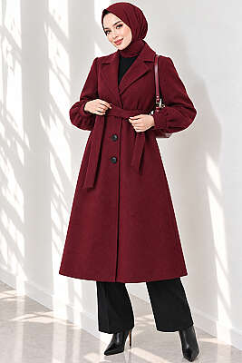 Balon Kollu Uzun Model Bordo Kaşe Kaban - Kaban