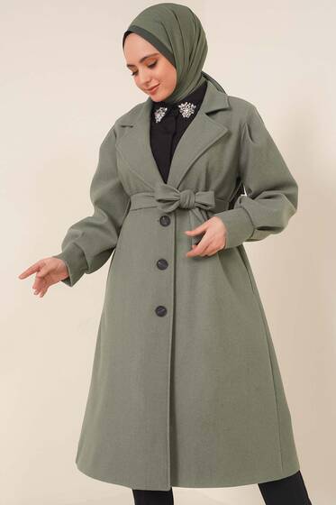 Balon Kollu Uzun Model Çağla Yeşili Kaşe Kaban - Kaban