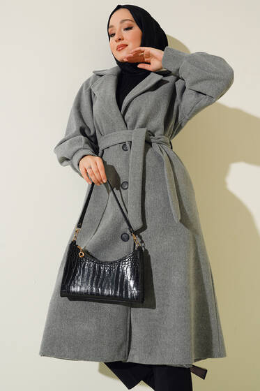 Balon Kollu Uzun Model Füme Kaşe Kaban - Kaban