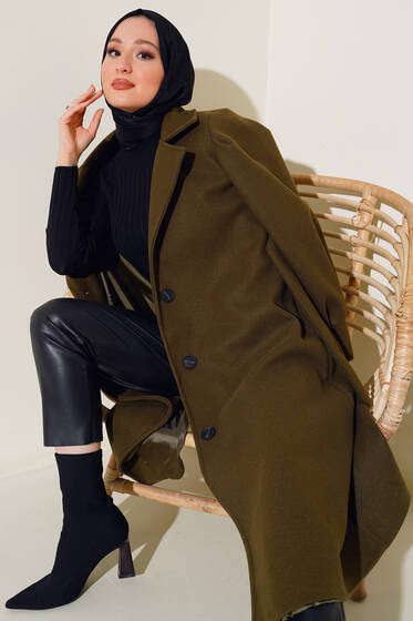 Balon Kollu Uzun Model Haki Kaşe Kaban - Kaban