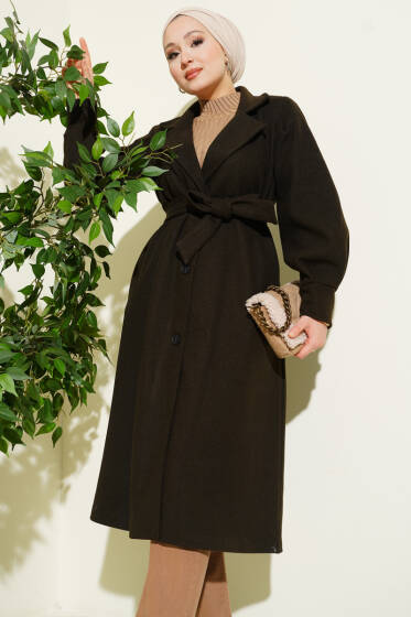 Balon Kollu Uzun Model Koyu Haki Kaşe Kaban - Kaban