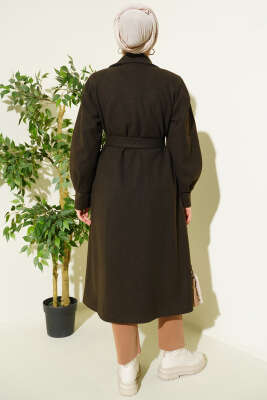 Balon Kollu Uzun Model Koyu Haki Kaşe Kaban - Kaban