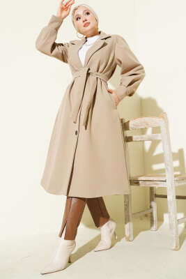 Balon Kollu Uzun Model Latte Kaşe Kaban - Kaban