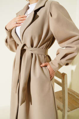 Balon Kollu Uzun Model Latte Kaşe Kaban - Kaban