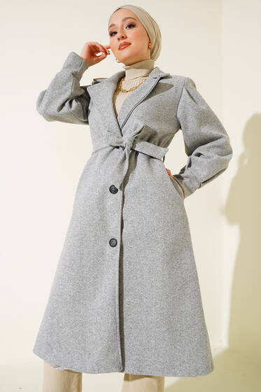 Balon Kollu Uzun Model Melanj Gri Kaşe Kaban - Kaban