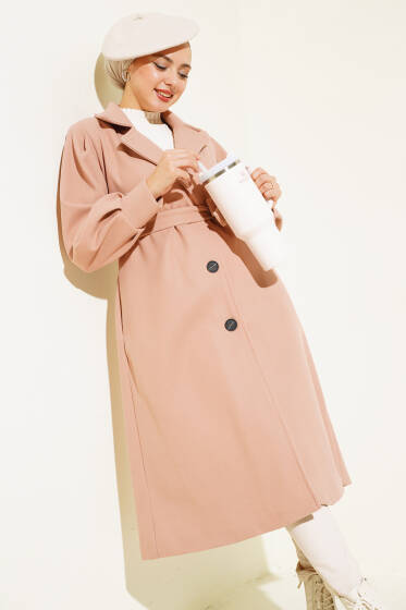 Balon Kollu Uzun Model Pudra Kaşe Kaban - Kaban