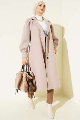 Balon Kollu Uzun Model Vizon Kaşe Kaban 