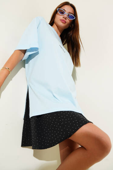 Barfield Baskılı Duble Kol T-shirt Bebe Mavi - Kadın Giyim Modelleri